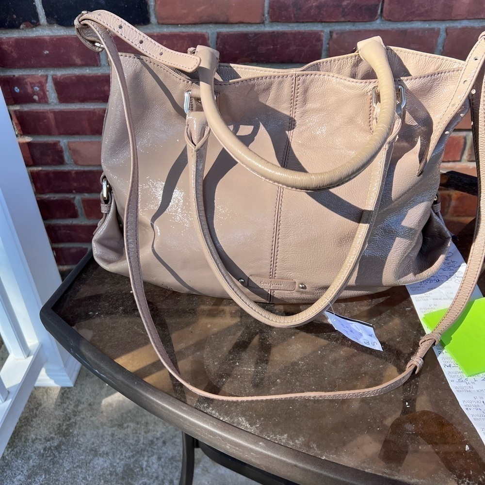 𝅺COLE Haan Tan Beige Patent Leather Tote Shoulder convertible crossbody Handbag - Picture 2 of 7